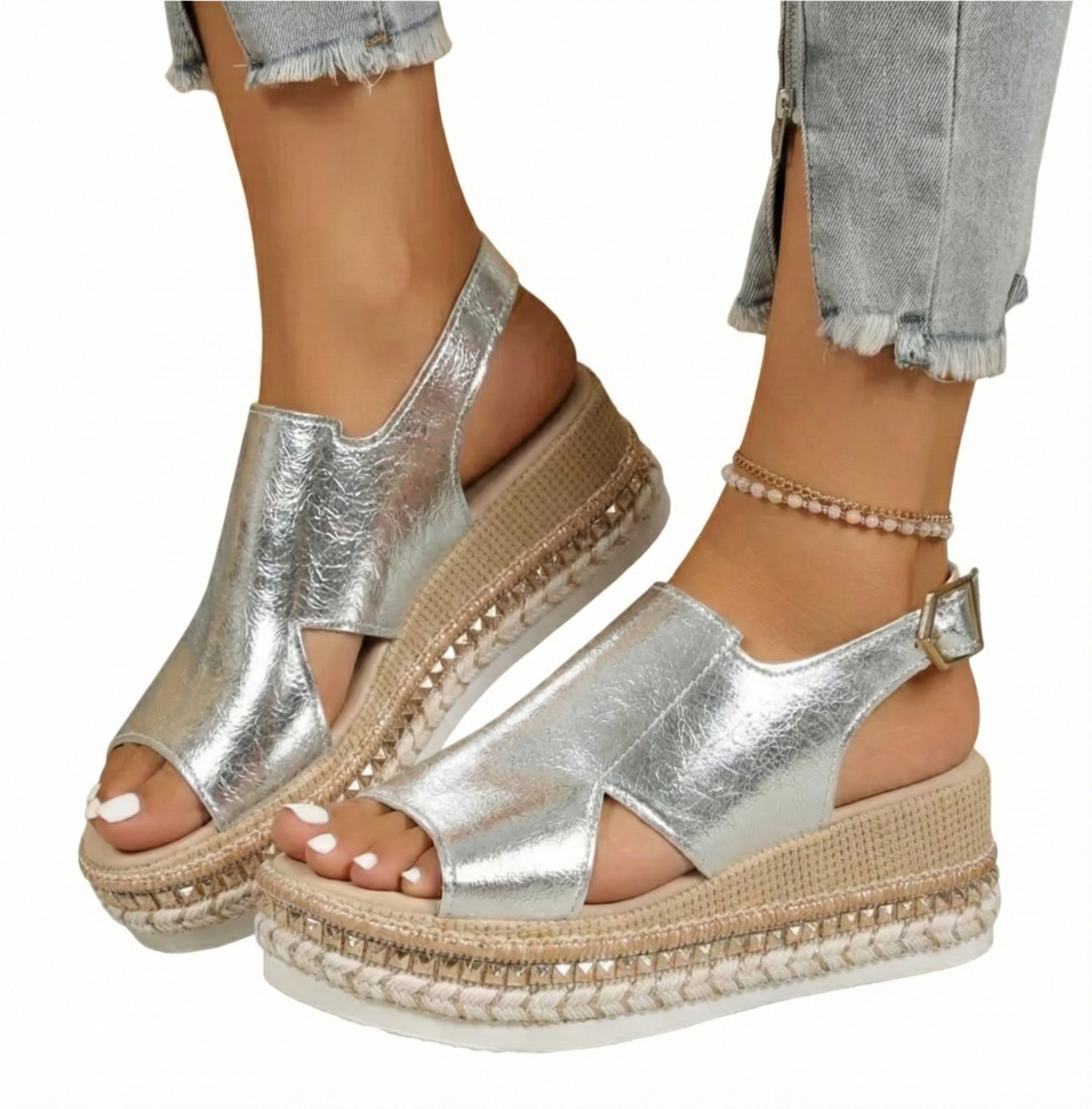 RAHA – Sandales Orthopédiques Plates | Semelle Gel Confort | Argent & Or